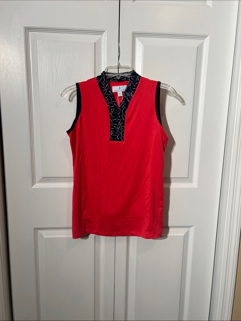 NWT Sport Haley Red Sleeveless Polo Tank Top w/Blue Patterned size S Small